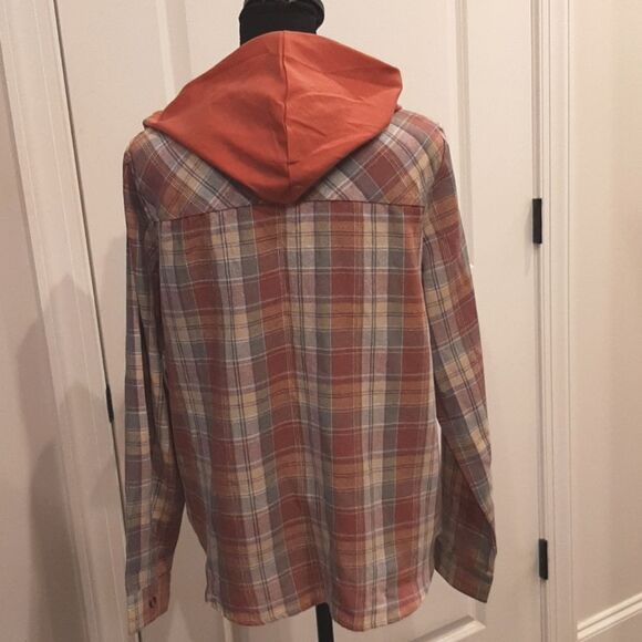 Hooded Button Down Shirt with Rust Hood and Rose Plaid - Picture 3 of 6